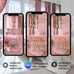 Digital Pink Pajama Party Invitation, Animated PJ Party Invite, Pink Sleepover Invite, Adult PJ Party Invitation, Glam Girls Night Invite