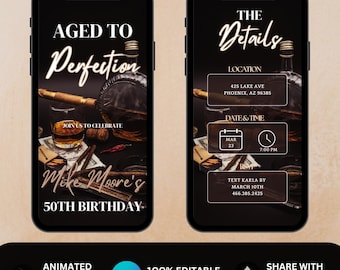 Invitación de cumpleaños de whisky, invitación de cumpleaños editable para hombres adultos, 30, 40, 50 años, cualquier edad, añejada a la perfección, descarga instantánea, cena de fiesta