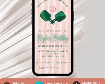 Lets Hit the Court Pickleball Birthday Invite Pink Stripes Green Paddle Pickleball party Invite Template Drinks and Dinks Pickleball Paddle