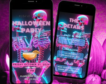 Halloween Invite Skeleton, Neon Skeletons Halloween Invitation, Pink Halloween, Halloweening Girl, Ghostly Invite, Digital Halloween Invite