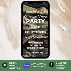 Modello animato per invito di benvenuto militare, invito digitale dell&#39;esercito americano, celebrazione militare, festa di ritorno a casa militare, festa militare
