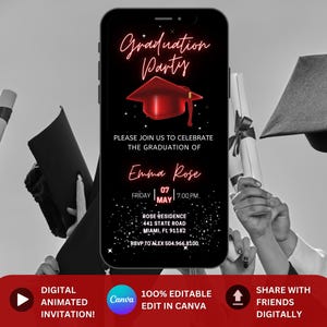 Digital Graduation Party Invitation. Animated Black and Red College or High School Invite. Red Black Grad Announcement Grad Save the Date