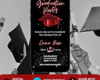 Digital Graduation Party Invitation. Animated Black and Red College or High School Invite. Red Black Grad Announcement Grad Save the Date