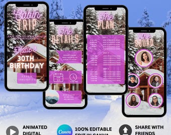 Apres Ski Digital Invitation Cabin weekend birthday trip Snow trip itinerary Vacation cabin getaway animated invite Winter getaway Ski Trip