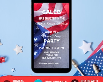 Military Enlistment Going Away Party Invitation. Digital National Guard, Navy, Marines, Army, Coast Guard, Space, Air Force Farewell Invite