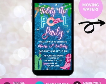 Editable Giddy Up Cowgirl Pool Party Invitation, Animated Pink Western Birthday Invite, Editable Girls Pool Bday Party, Saddle Up Pool Party
