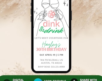 Pickleball Birthday Invitation Template, Pickleball Invite, Pickleball Party, Dink and Drink, Pickleball Birthday Canva, Pickleball Paddle