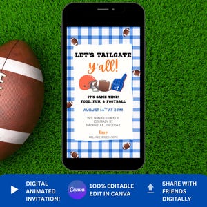Invitación animada de fútbol "Let's Tailgate Y'all", invitación editable para fiesta de fútbol "tailgate", colores naranja y azul del SEC para el día del partido universitario