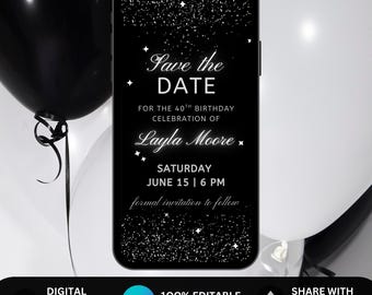 Animated Digital Black Silver Save The Date Birthday Invitation, Electronic Phone Text Message Evite Bday Virtual Birthday 40th, 50th Invite