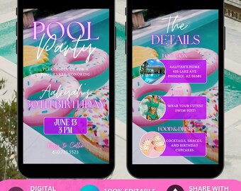 Pool party birthday invitation, Pool party animated digital invite, swimming party birthday itinerary template, bbq invitation Pool birthday