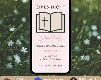 Girls Night Bible Study Invitation, Animated Christian Invite, Women’s Bible Study Evite, Faith Based Template, Women’s Ministry invite