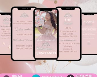 Blush Pink Gold Silver Quinceanera Invitation with Photo. Digital Mis Quince Anos Birthday Invite. Elegant Modern eVite. Sweet 15 Invitation