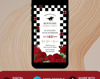 May include: A digital invitation for a Kentucky Derby party with a black and white checkered background and red roses. The text reads "Please join us for a Kentucky Derby Party at 2 o'clock in the afternoon Sat | 03 | May Bits, Bites, & Bourbon 435 Park Lane New York, NY 13455 RSVP to Maria 504.233.6561"