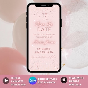 Rosegold Save the Date Einladung Geburtstagsvorlage für Damen. Elegante Rosa Frauen lebhafte Party Einladen Irgendein Alter. DIY Canva Vorlage Evite