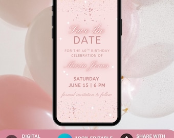 Rose Gold Birthday Save the Date Invitation Template for Ladies. Elegant Pink Womens Animated Party Invite Any Age. DIY Canva Template Evite