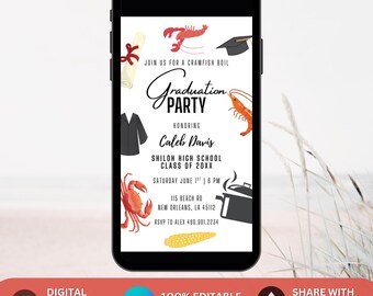 May include: A digital invitation for a graduation party with a crawfish boil theme. The invitation features a graduation cap, a diploma, a crab, a crawfish, a pot, and an ear of corn. The text on the invitation reads "Join us for a crawfish boil Graduation Party Honoring Caleb Davis Shiloh High School Class of 20XX Saturday June 1 | 6 PM 115 Beach Rd New Orleans, LA 45112 RSVP to Alex 480.901.2234".