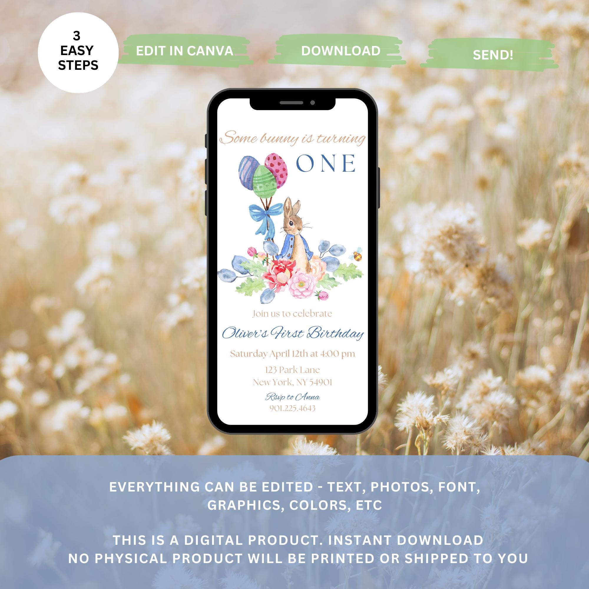 EDITABLE Peter Rabbit Birthday Invitation Bunny Birthday Invitation Boy ...