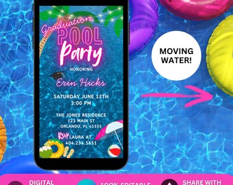 Neon Pink Graduation Pool Party Invitation. Digital Girls Pink Class of 2025 Celebration Invite. College High School Grad Party Canva Evite