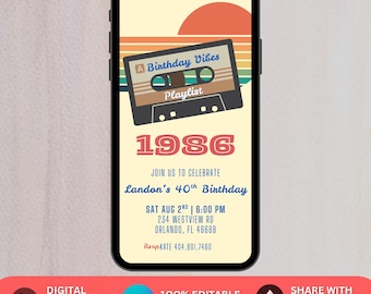 May include: A digital invitation on a smartphone screen. The design features a retro cassette tape with the text "A Birthday Vibes Playlist 1986." It includes details for Landon's 40th birthday, date, time, and location. The invitation is editable in Canva.