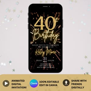 Digital 40th Birthday Party Video Invitation, 40th Glam Invite Ecard, Animated Black Gold Sparkling Evite, Editable Itinerary eCard
