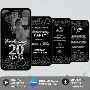 Uitnodiging 20e huwelijksverjaardag. Elegante digitale zilveren jubileumuitnodiging met foto. DIY bewerkbare canvassjabloon Digitale geloftevernieuwing