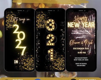 May include: Three smartphone screens displaying an animated New Year's Eve invitation. The black backgrounds feature gold glitter, fireworks, and marquee-style numbers. Text includes "Let's ring in 2027 in", "3 2 1", and "Happy New Year" with event details.