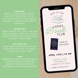 May include: A digital invitation for a Ladies Book Club meeting. The invitation features a green and white color scheme with a book stack graphic and the text "Ladies Book Club". The invitation includes the book of the month, "The Catcher in the Rye", the date and time of the meeting, and the location of the meeting.
