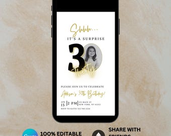 Verrassing 30e verjaardagsuitnodiging, digitale download, voor mannen of vrouwen, foto volwassen verjaardagsuitnodiging bewerkbare sjabloon, het is een verrassing mobiel