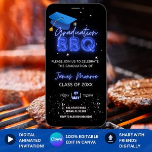 May include: A digital invitation for a graduation BBQ with a blue graduation cap and neon blue text that says "Graduation BBQ". The invitation includes the name "James Monroe", the date "Friday, May 07, 7:00 PM", and the address "441 State Road, Miami, FL 91182".