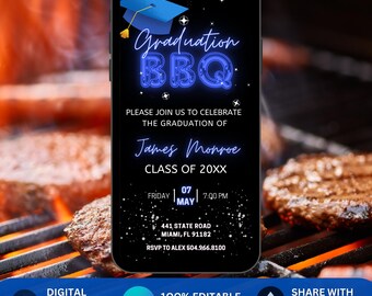 Invito blu per barbecue di laurea. Invito digitale blu per barbecue di laurea della classe 2025. Invito elettronico per laureati di college, università e scuole superiori.