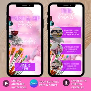 Paint and Sip Party editable Canva Invitation, Paint Party, sip and paint Adult Painting Party Invite, Art Party Paint Party Invite