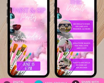 Paint and Sip Party editable Canva Invitation, Paint Party, sip and paint Adult Painting Party Invite, Art Party Paint Party Invite