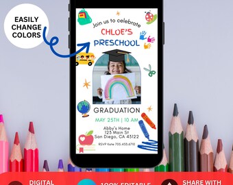 May include: A digital invitation for a preschool graduation party. The invitation features a photo of a child holding a rainbow drawing, a school bus, a graduation cap, and the text "Chloe's Preschool Graduation May 25th | 10 AM Abby's Home 123 Main St San Diego, CA 43122 RSVP Kate 705.435.6710".