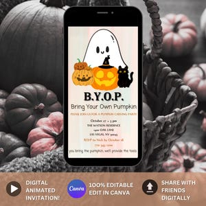 May include: A smartphone displays a Halloween-themed invitation with a ghost, pumpkins, and a black cat. The text reads "B.Y.O.P. Bring Your Own Pumpkin" with event details. The background features pumpkins and a woven basket.