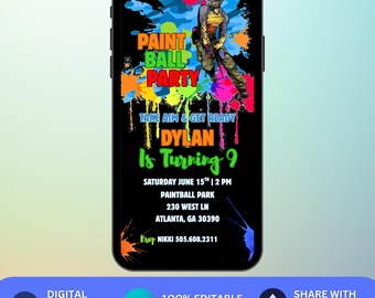 Paintball Birthday Invitation Animated Boy Paintball Party Editable Paintball Party Canva Template Paintball Invite Paint Splat Invite