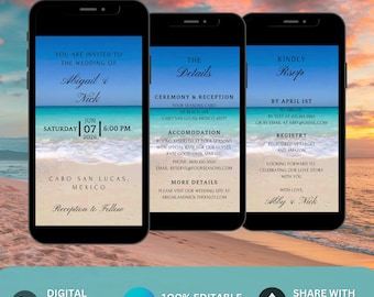 Invitación de boda de destino. Invitación digital animada para boda en la playa con olas. Elegante eVite. Plantilla editable en Canva. Envío por teléfono.
