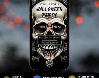 Gothic Skull Halloween Party Invitation Canva Template Printable All Black Party Invite Editable Dark Gothic Birthday Ghostly Halloween