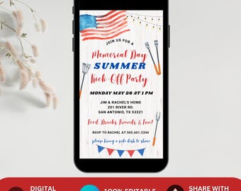 Memorial Day Party Invitation, Memorial Day Picnic Invite, Summer Pool Party Invite, Memorial Day BBQ Invite Summer Kickoff July 4th Party