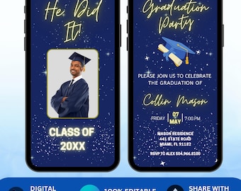 Invito digitale per la festa di laurea dei ragazzi. Invito animato blu per la laurea. Invito digitale modificabile fai-da-te per laureati di college e scuole superiori. Annuncio di laurea.