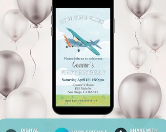 Airplane 1st Birthday Evite Time Flies Pilot Birthday Phone Invite Aeroplane 1st Bday Invite Jet Pilot Invite Plane Bday Party Phone Invite