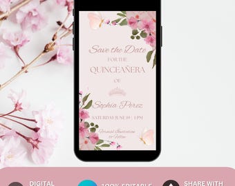 Quinceañera Save The Date Invitation Pink Floral. Digital Mis Quince Anos 15th Birthday Party Celebration Invite. DIY Editable Template