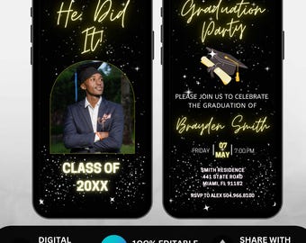 Boys Digital Graduation Party Invitation Animated Black Grad Invite. Mens College, High School Graduate DIY Editable Evite Grad Announcement