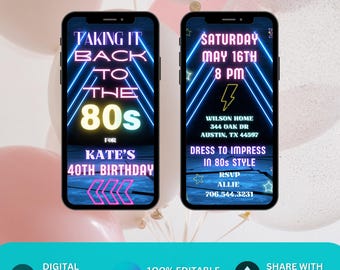 Back To The 80s Party Invitation 1980s Theme Birthday Invite Neon graphics. DIY Editable Template. 80s Party Invitation Neon Retro Disco