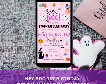 Halloween Pink Ghost Birthday Invitation Halloween Party Invite Hey Boo Ghost Party Spooktacular Halloween Party Editable Canva Template