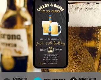 Editable Cheers and Beers to 30 Years Birthday Party Mobile Invitation Surprise Beer Party 30th 40th 50th Invite Digital Download Men Party