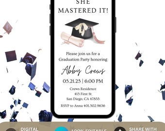 Graduation Party Invitation, Graduation Invitation Template, high School Graduation, Graduation Party Invite, Masters Grad She Mastered It