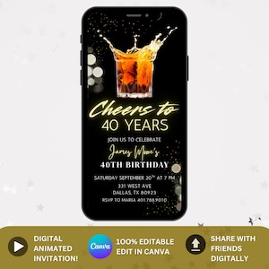 Whiskey Birthday Invitation, Surprise Party Adult, 30th 40th 50th Any Age, Cognac Scotch Liquor, Canva Editable Adult Men Birthday Invite