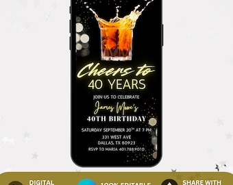 Whiskey Birthday Invitation, Surprise Party Adult, 30th 40th 50th Any Age, Cognac Scotch Liquor, Canva Editable Adult Men Birthday Invite
