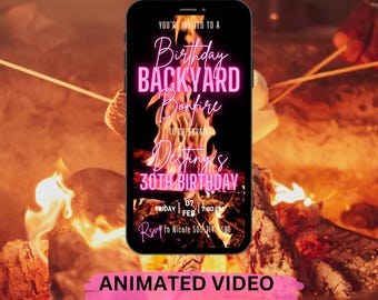 Birthday Backyard Bonfire Invitation. Digital Neon Pink Party Invite. Animated S&#39;mores Bonfire evite for girls, women. Editable Template.