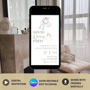 Digital Housewarming Party Invitation, House Warming Invite For Women, Pink Bow New Apartment Home Evite, Self Editable Template Ecard